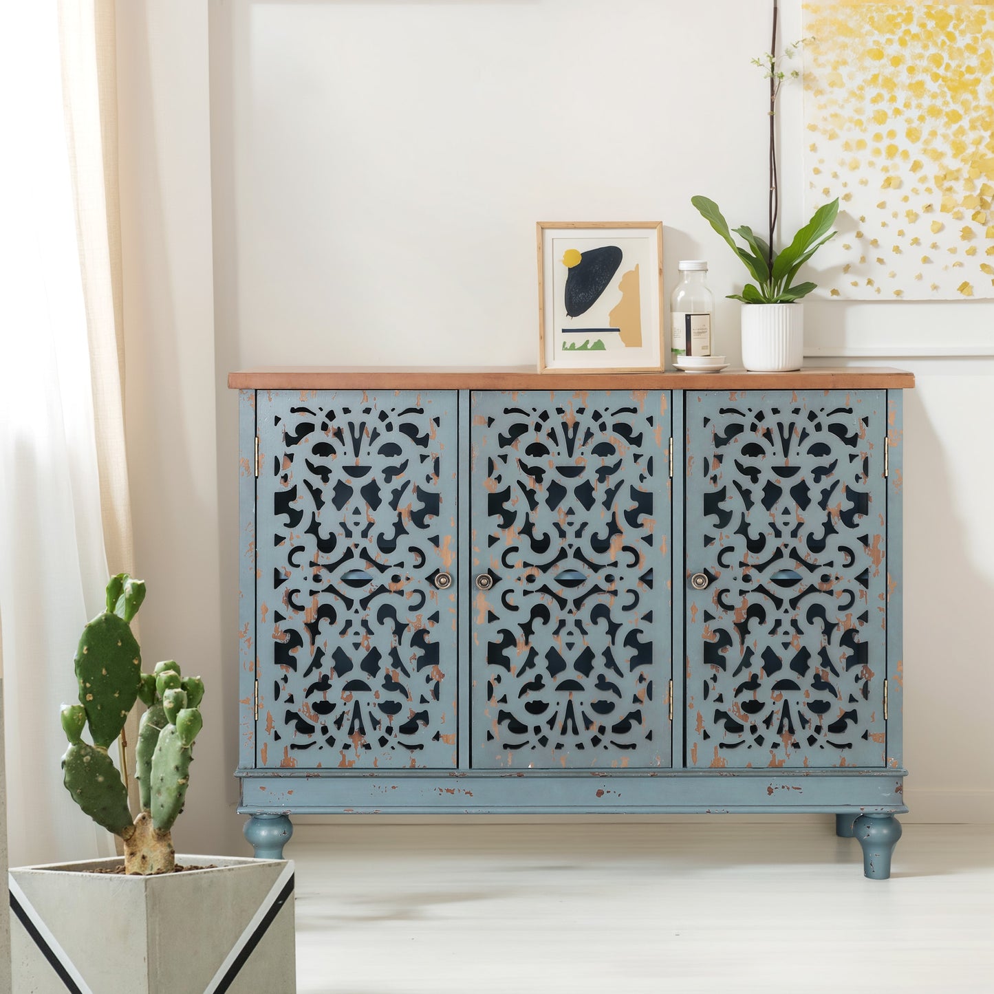 Captiva Designs Distressed Hollow-carved Accent Storage Sideboard Buffet Cabinet with Solid Wood Legs for Living Room Entryway Foyer