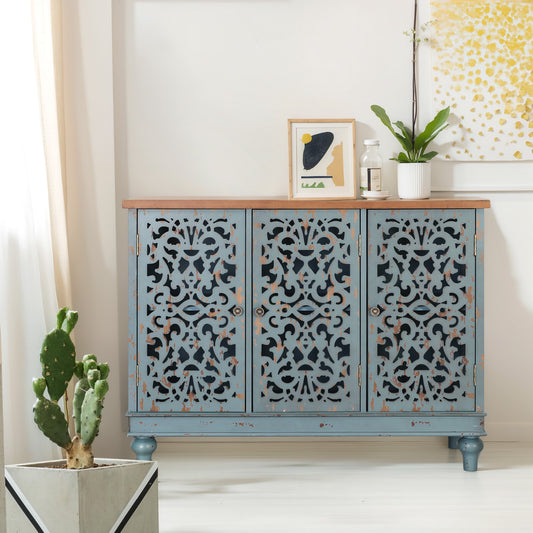 Captiva Designs Distressed Hollow-carved Accent Storage Sideboard Buffet Cabinet with Solid Wood Legs for Living Room Entryway Foyer