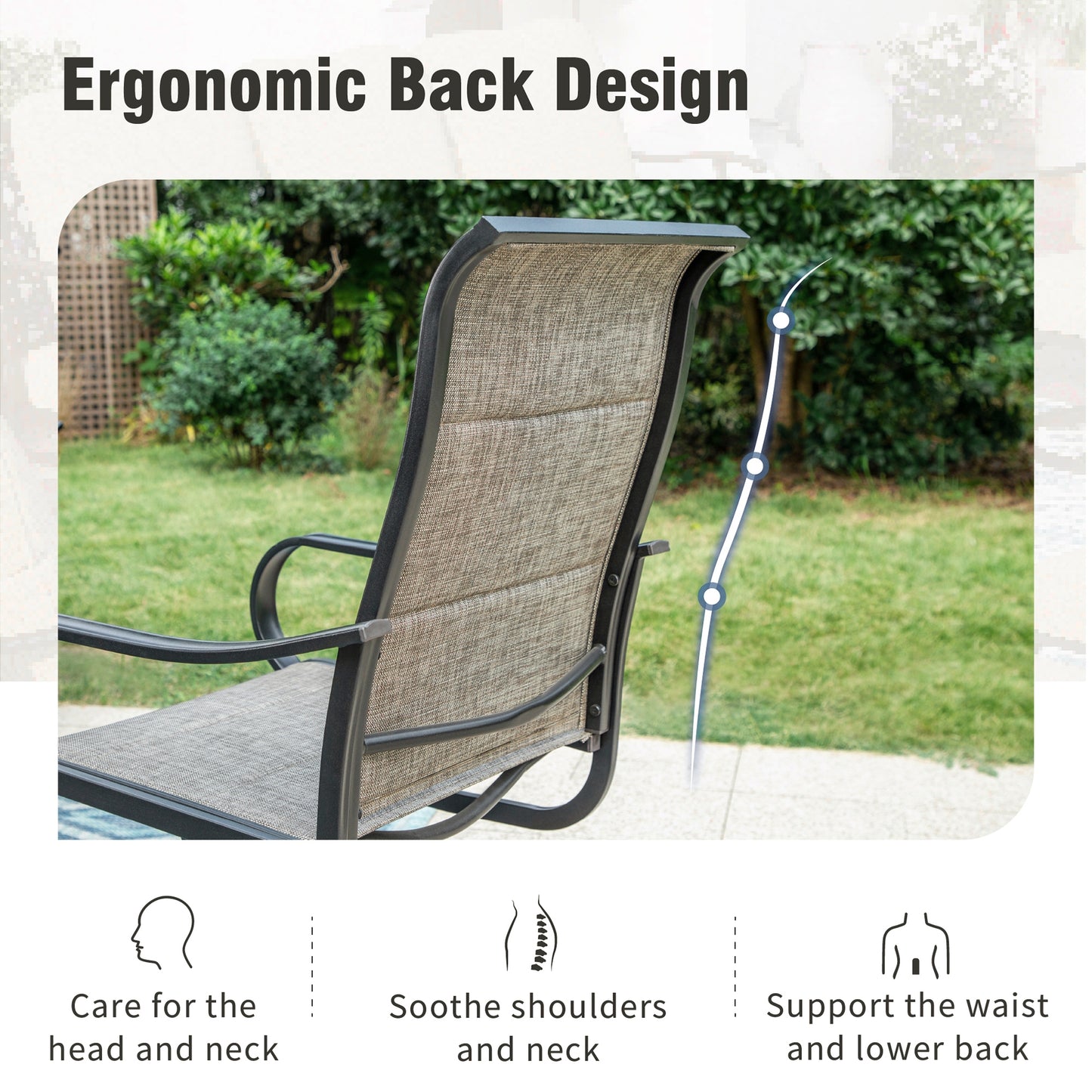 Captiva Designs 7pc Patio Black Slatted Round Steel Table with Umbrella Hole & Grayish Brown Textilene Chairs