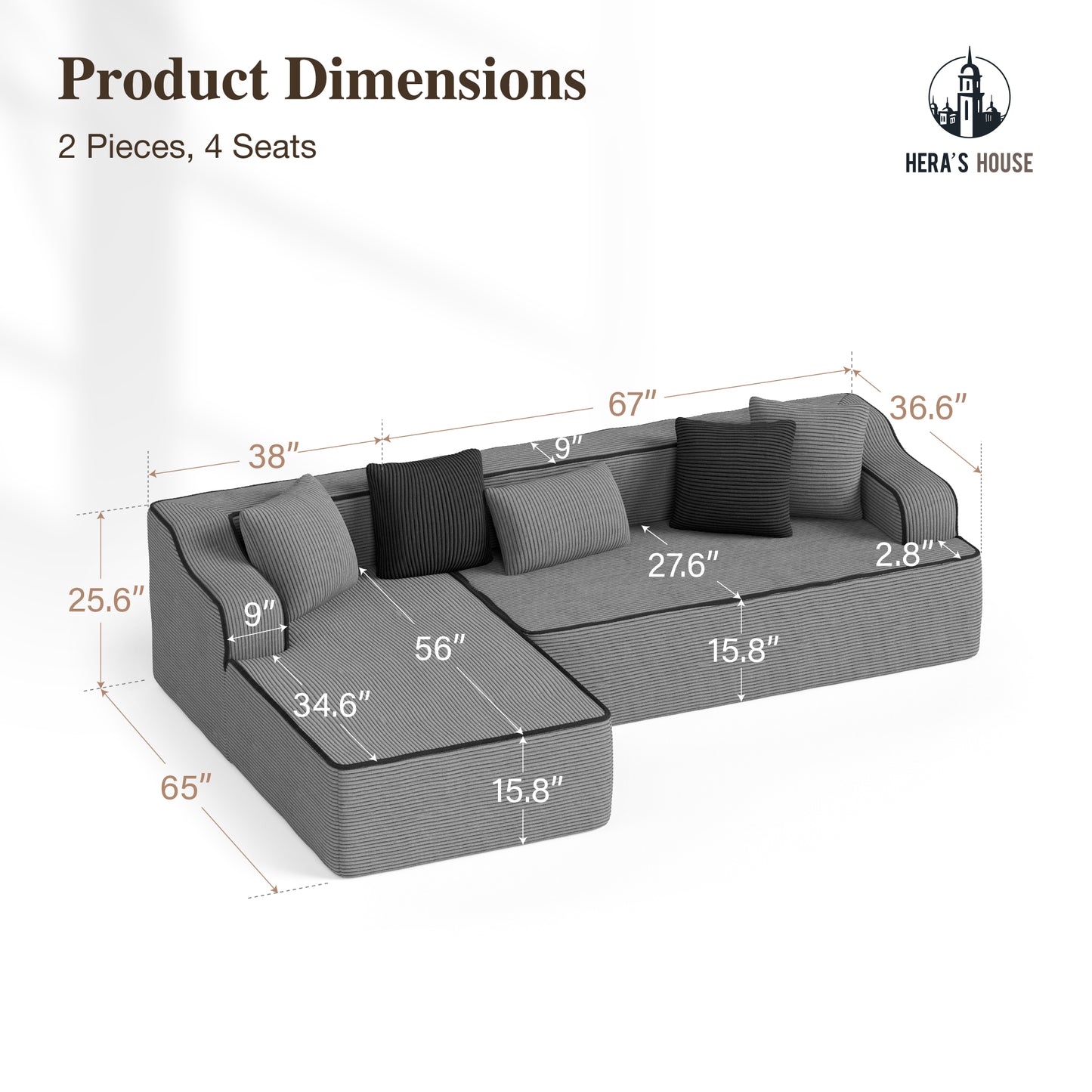 HERA'S HOUSE 105" L Shaped Sectional with Chaise, Living Room Cloud Couch, Corduroy Modular Sofa with Wide Armrest and 5 Pillows, No Assembly, Grey
