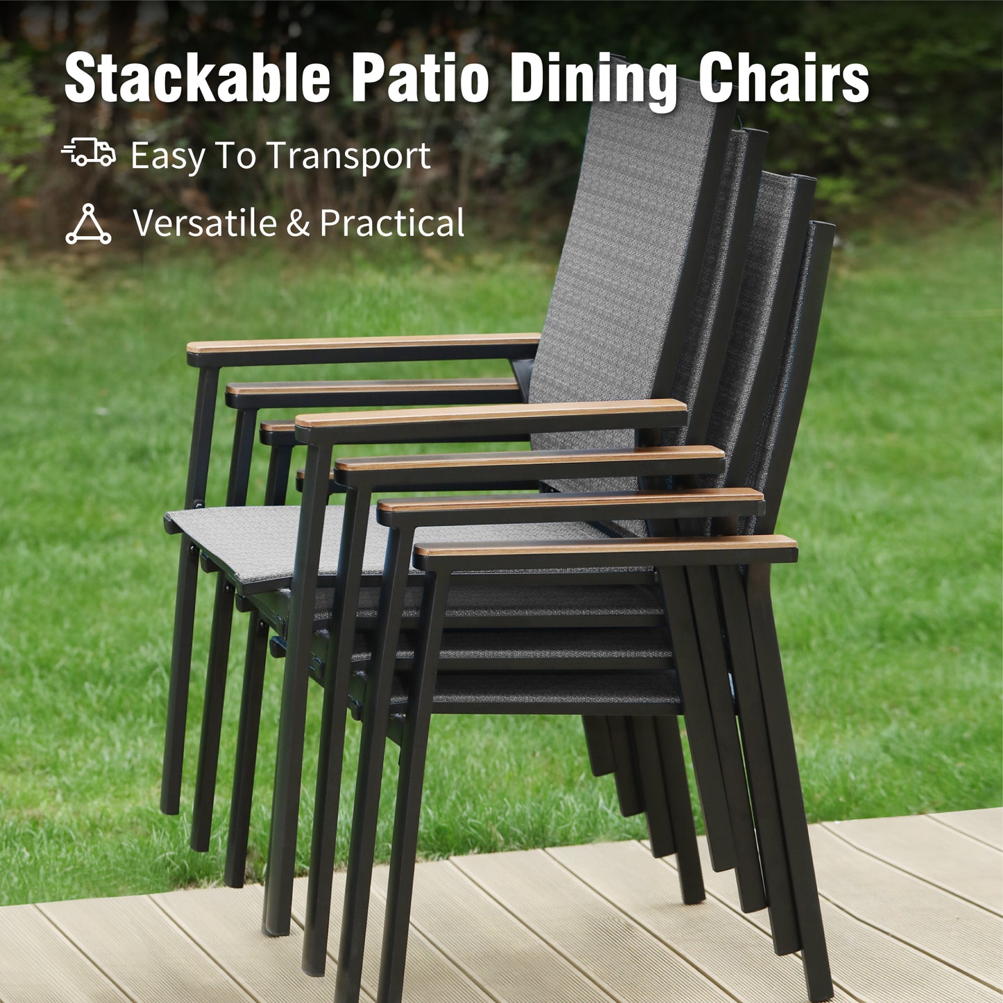 Captiva Designs 3pc Outdoor Patio Dining Steel Table & Gray Wood-look Arm Textilene Sling Chairs