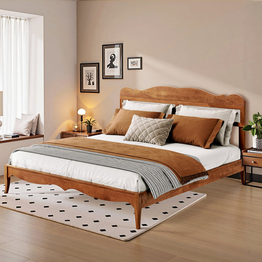 Captiva Designs Premium Wood Bed Frame with Woven Rattan Headboard and Reinforced Slats Support