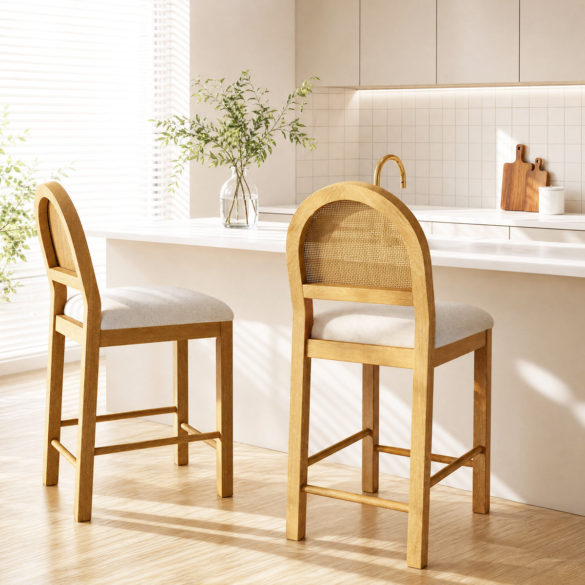 Captiva Designs 24 inch Counter Height Bar Stool with Padded Deep Seat & Solid Wood Frame & Elevated Rattan Woven Backrest