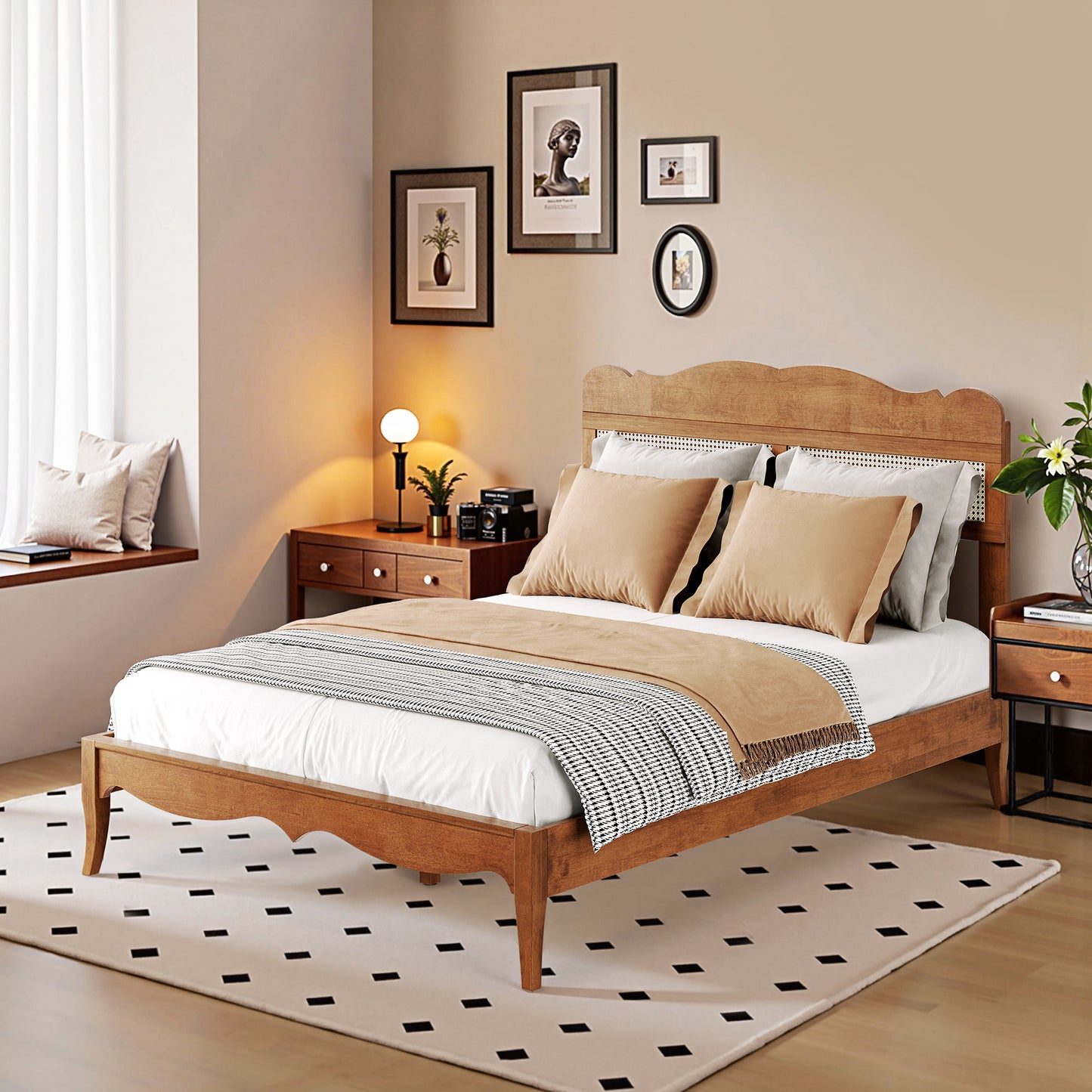 Captiva Designs Premium Wood Bed Frame with Woven Rattan Headboard and Reinforced Slats Support