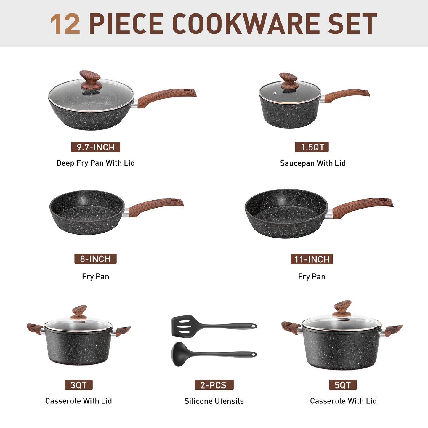 Captiva Designs 12 Pieces Nonstick Granite Cookware Set with Heat-Resistant Bakelite Handle