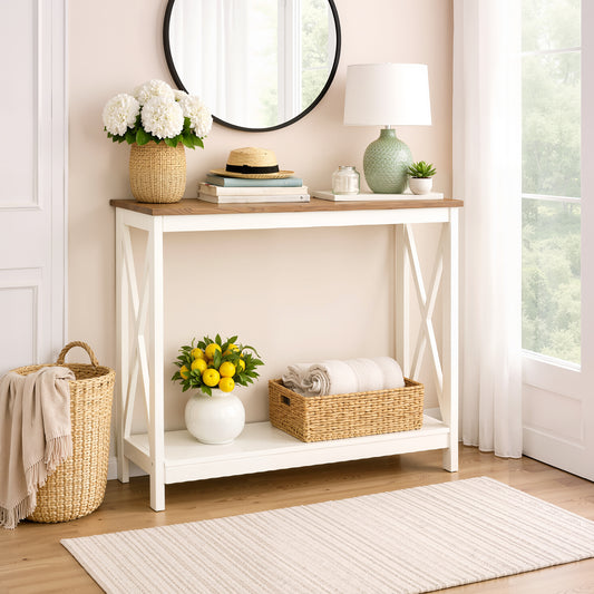 Captiva Designs Farmhouse Console Table with Shelf or Drawers, Narrow 2-Tier Entryway or Hallway Table, Ivory Finish