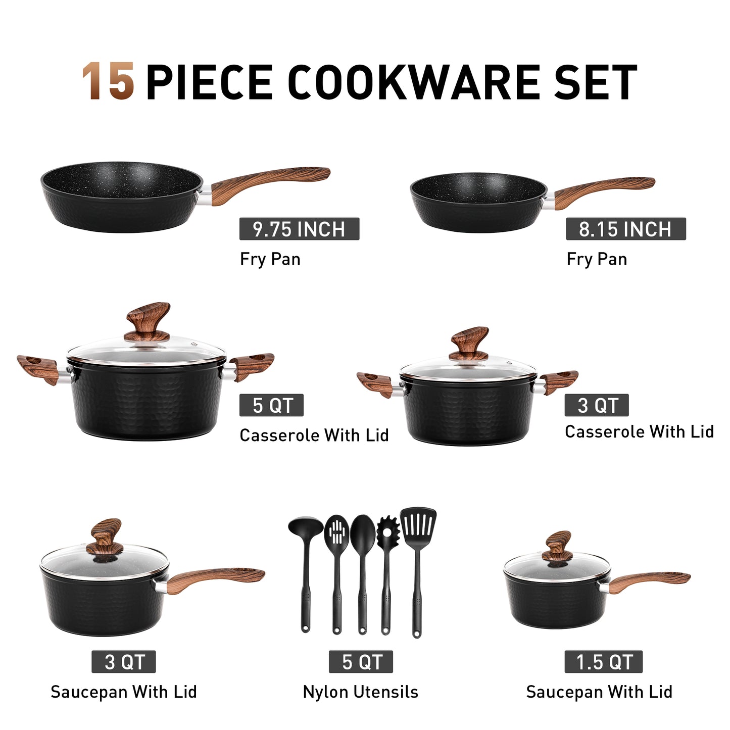 Captiva Designs Nonstick Granite Cookware Set with Heat-Resistant Bakelite Handle