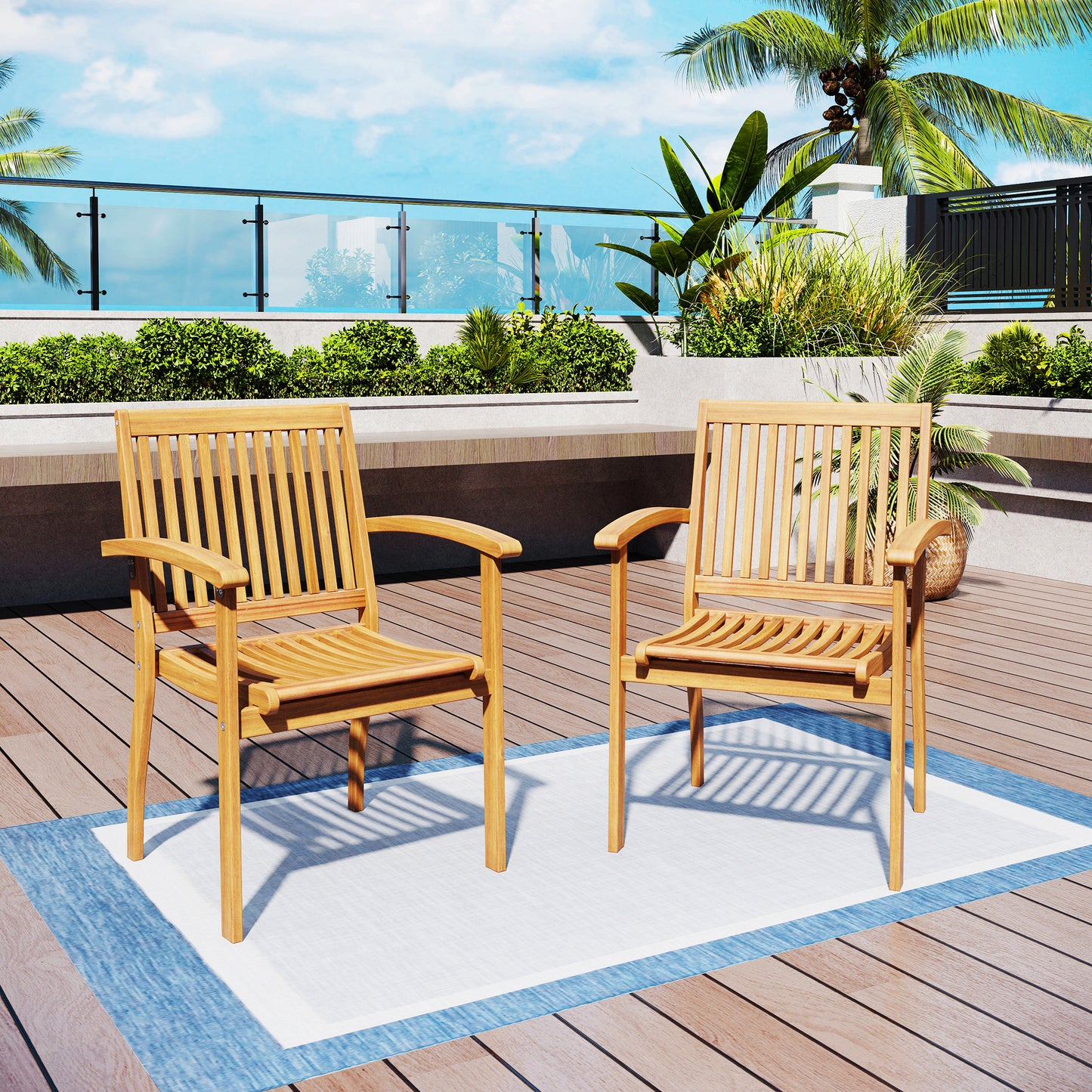 Captiva Designs Outdoor Patio Dining Acacia Wood Patio Fixed Chairs with Armrests