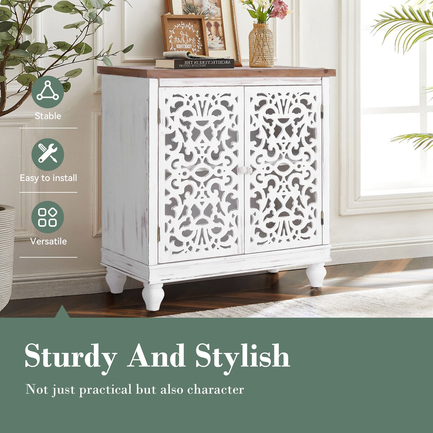 Captiva Designs Distressed Hollow-carved Accent Storage Sideboard Buffet Cabinet with Solid Wood Legs for Living Room Entryway Foyer