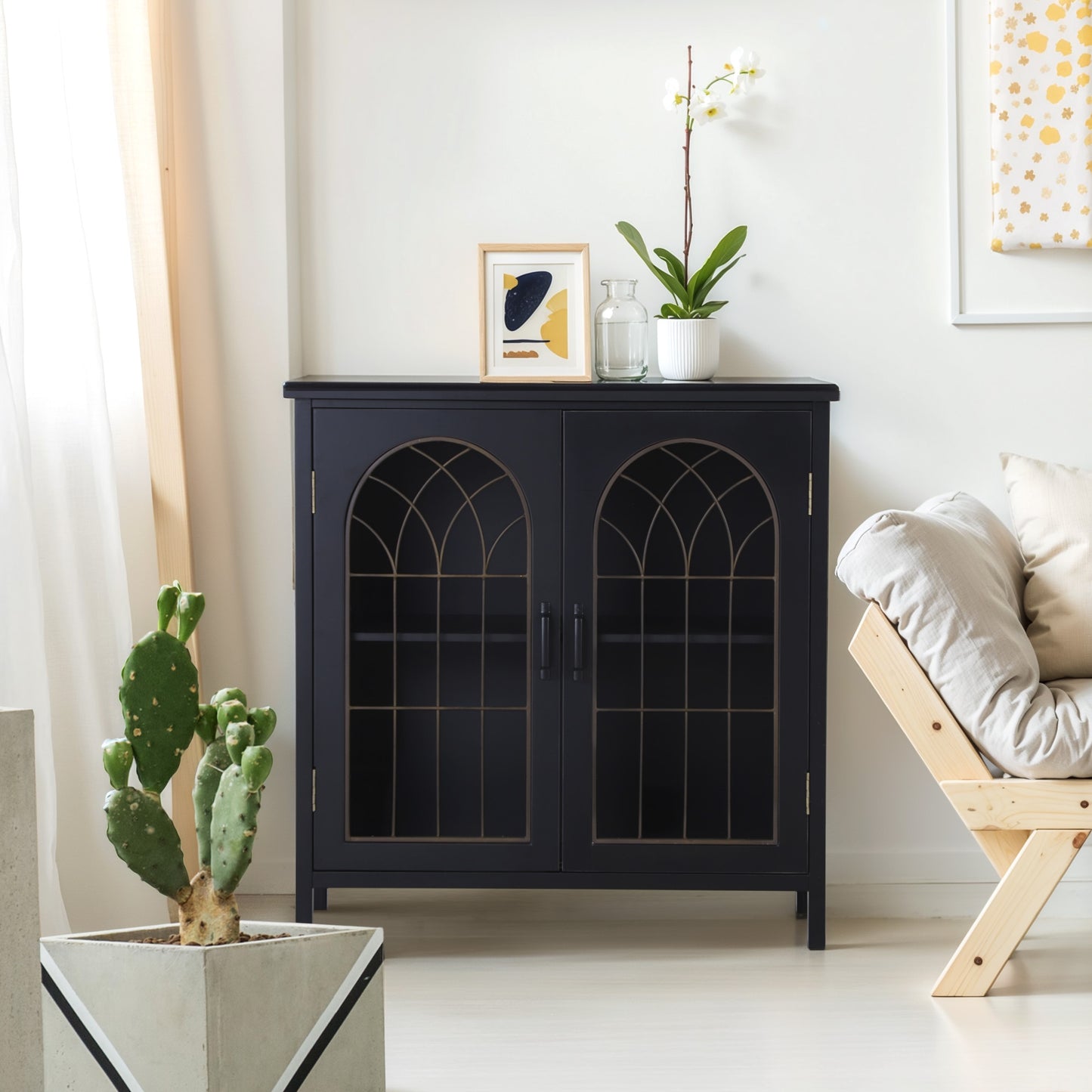 Captiva Designs Exquisite Metal Church Window Sideboard Buffet Storage Cabinet for Kitchen Dining Room Entryway