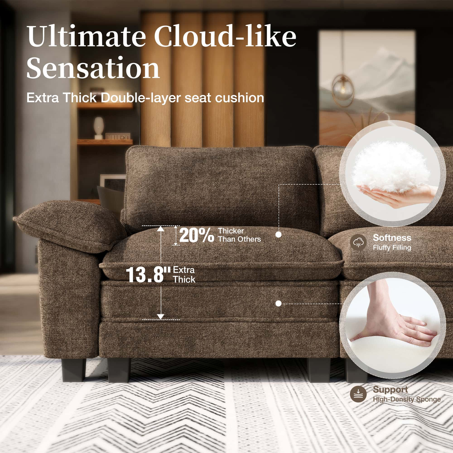 SUNSHINE VALLEY L Shaped Modular Cloud Couch, 157.5'' Oversized Chenille Sectional Sofa with Wider Armrest and Ottoman, Upholstered 5-Seat Modern Deep Seat for Bedroom Living Room, Taupe