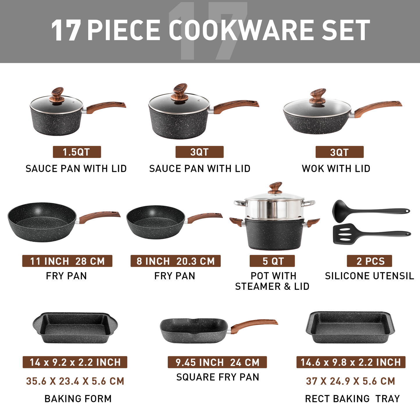 Captiva Designs Nonstick Granite Cookware and Bakeware Set with Heat-Resistant Bakelite Handle