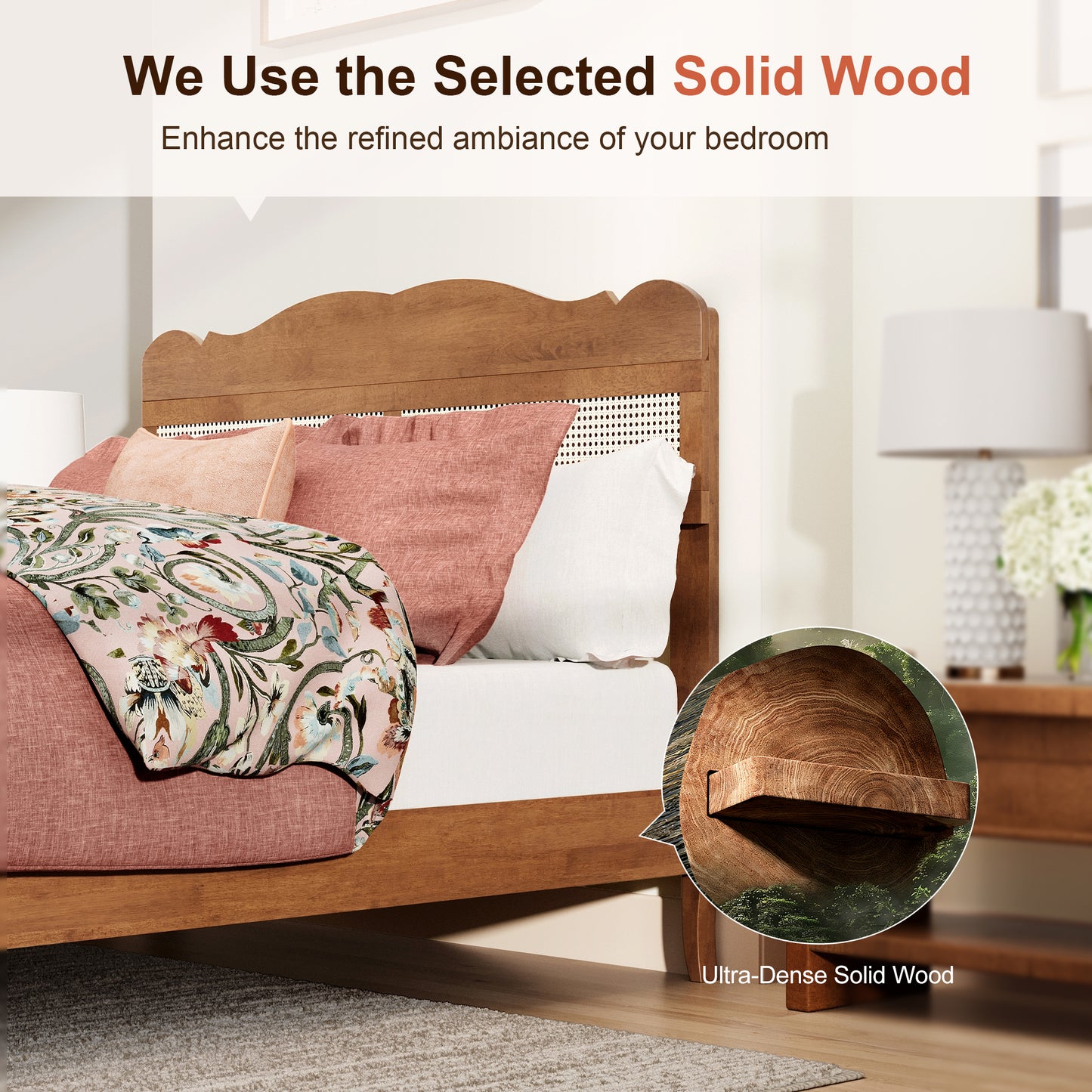 Captiva Designs Wood Platform Bed Frame with Height Adjustable Woven Rattan Headboard and Reinforced Slats Support, No Box Spring Needed