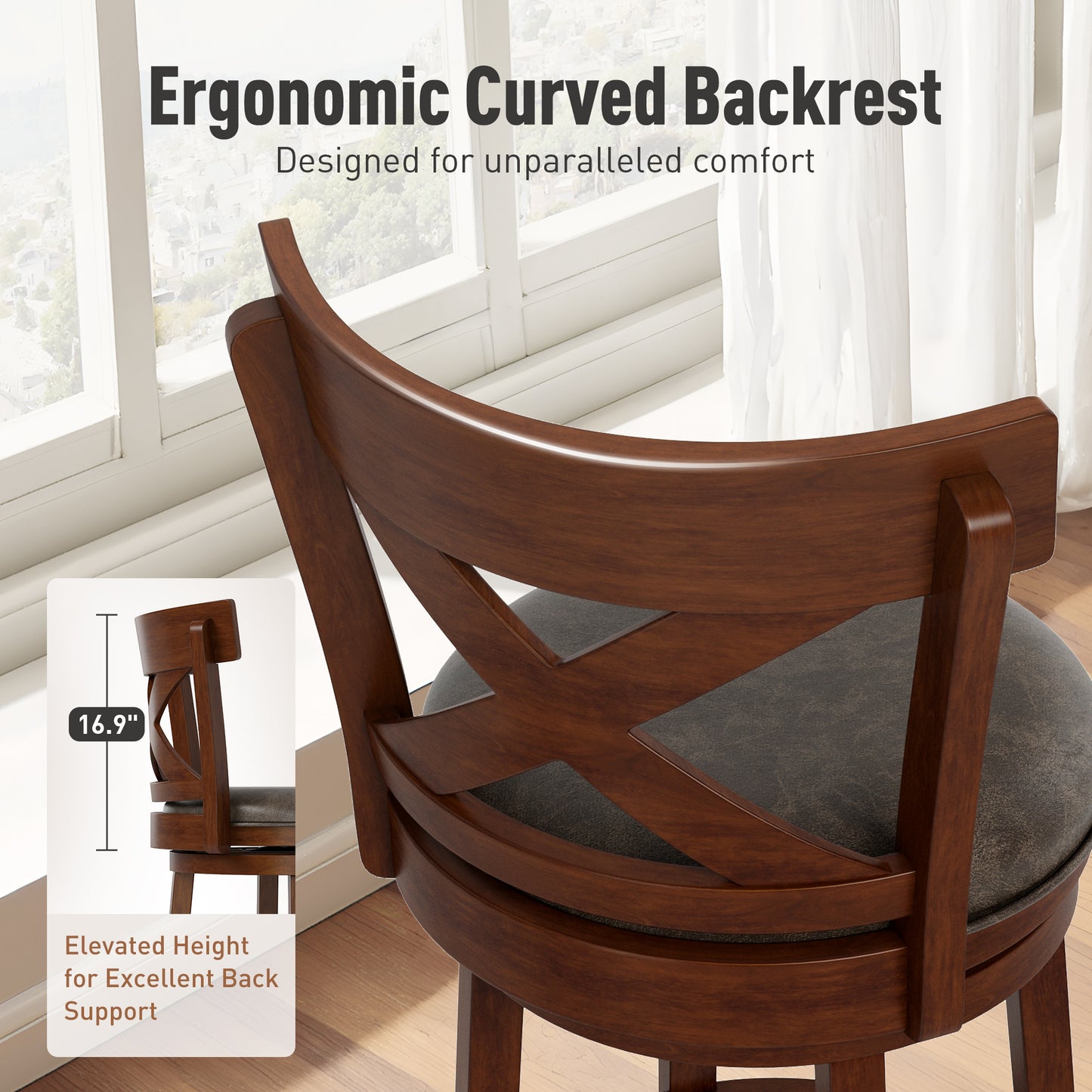 Captiva Designs 30 inch Swivel Bar Stools with Faux Leather Upholstered Seat & Rubberwood Frame & Wrap-Around Footrest