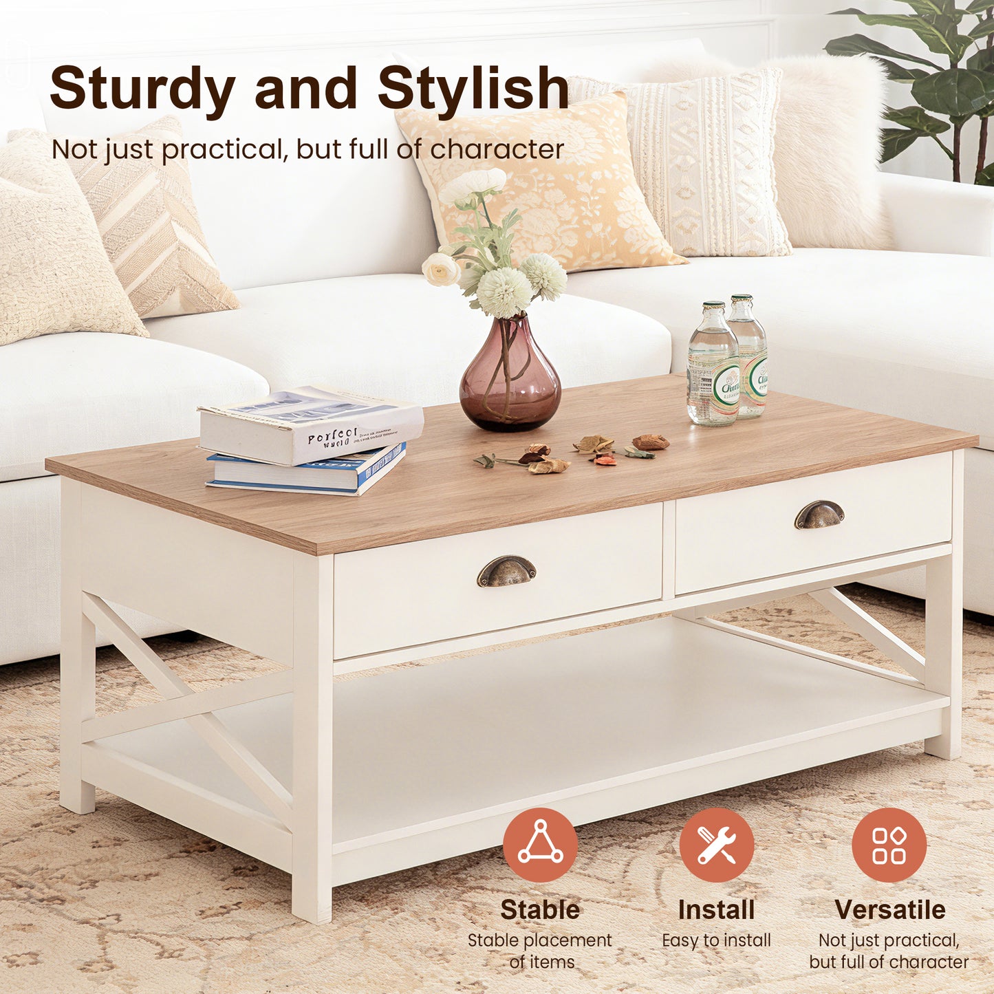 Captiva Designs Farmhouse Coffee Table with Storage Shelf for Living Room, 2-Tier Wooden Center Table with X-Shape Design, Ivory
