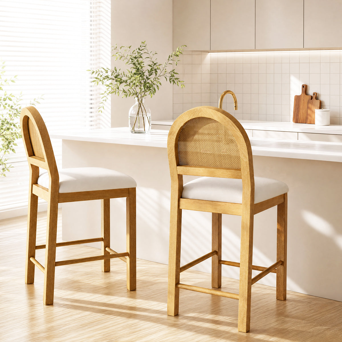 Captiva Designs 24 inch Counter Height Bar Stool with Padded Deep Seat & Solid Wood Frame & Elevated Rattan Woven Backrest