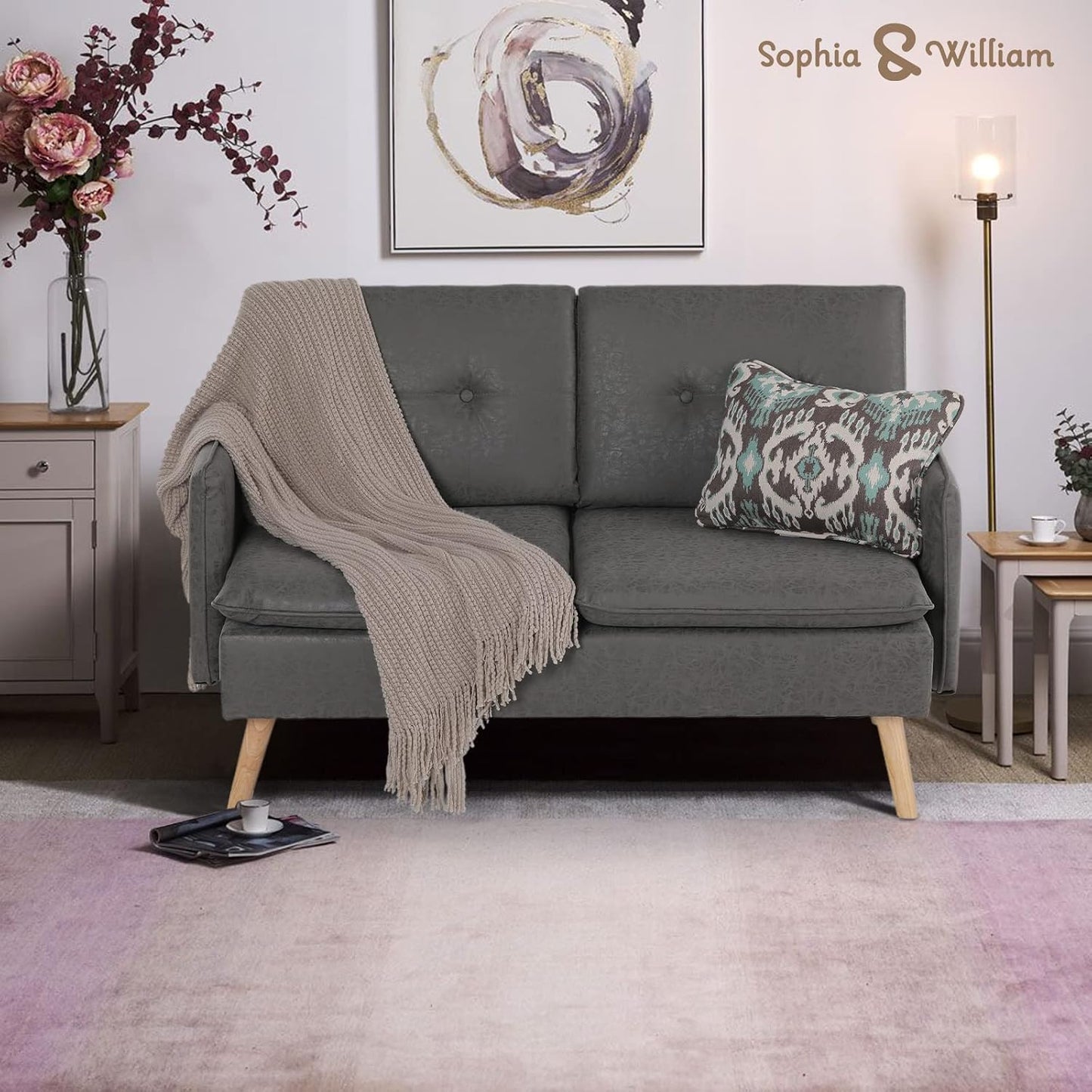Sophia & William Sofa Coach Modern Loveseat for Living Room Upholstered 2-Seat Sofa PU Leather Pillowed Back Cushion Straight Arm 52" for Bedroom, Apartment, Dorm, Studio, Office, Small Space Dark gray