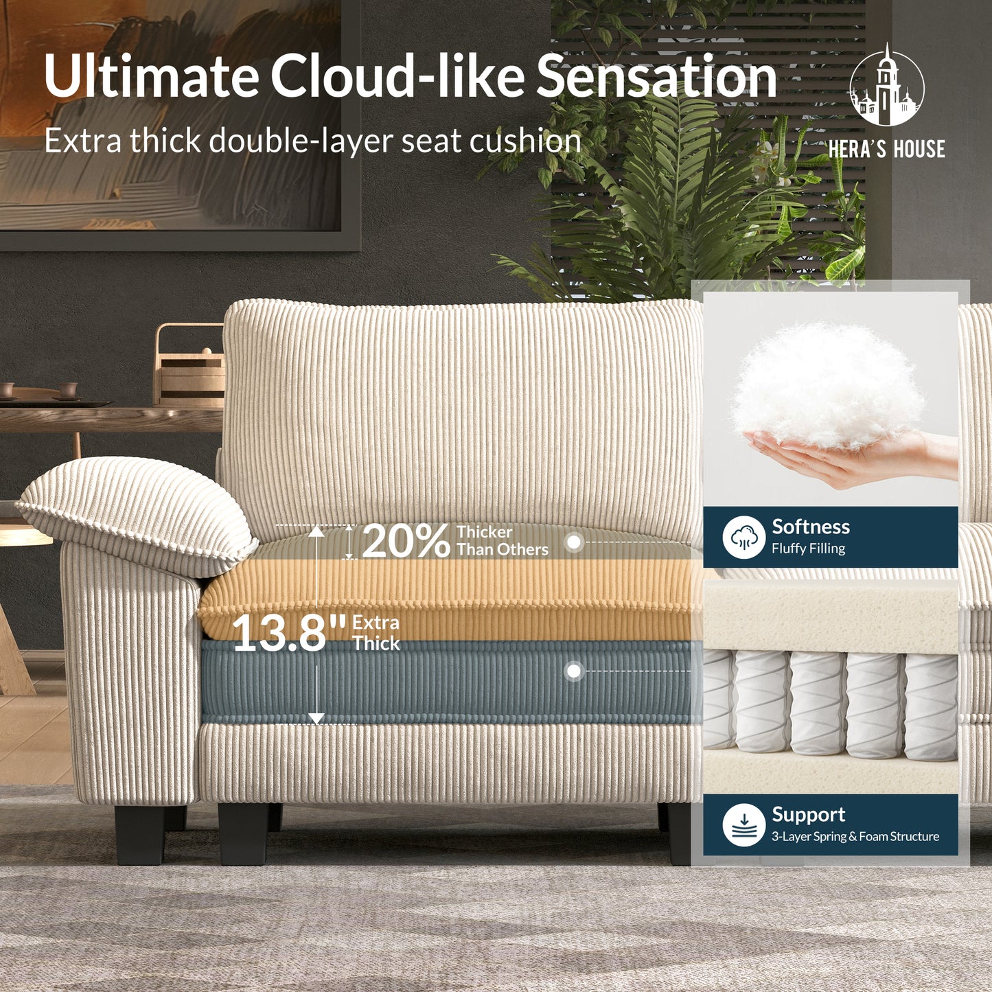 HERA'S HOUSE 3 Pieces Modular Sectional Sofa Sets, Oversized Couch Set with Loveseats and Armchair, Comfy Cloud Couches with Throw Pillows, 6-Seater Deep Seat Sofa for Living Room, Corduroy Beige