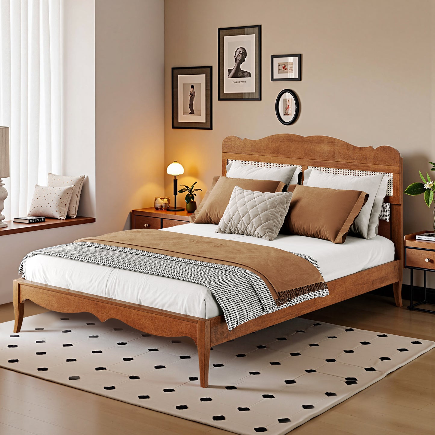 Captiva Designs Premium Wood Bed Frame with Woven Rattan Headboard and Reinforced Slats Support