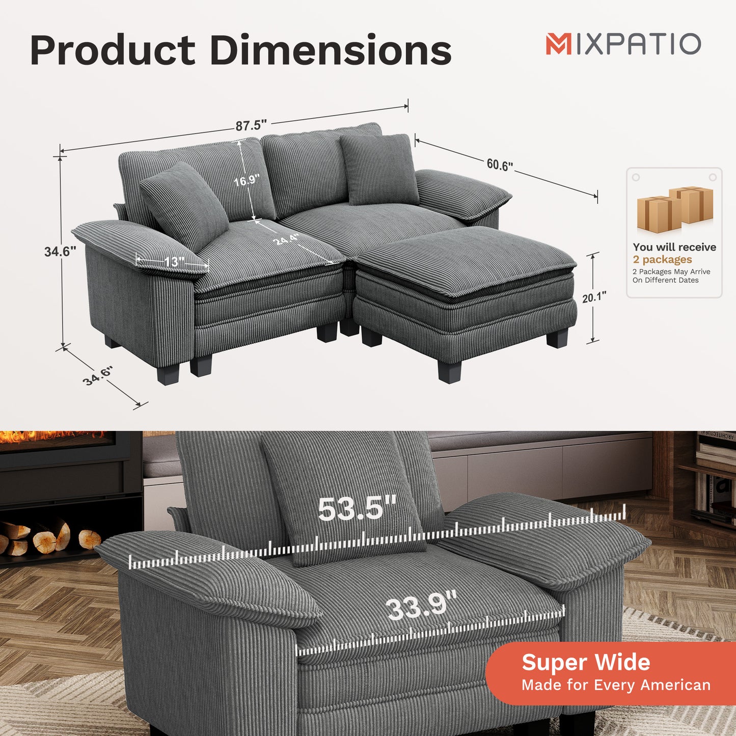 MIXPATIO Modular Sectional Couch Cloud Sofa Grey 88" L, Modern Sectional Couches for Living Room, Wider Armrest and Deep Seat, Comfy Cloud Sofa, Soft Corduroy Furniture
