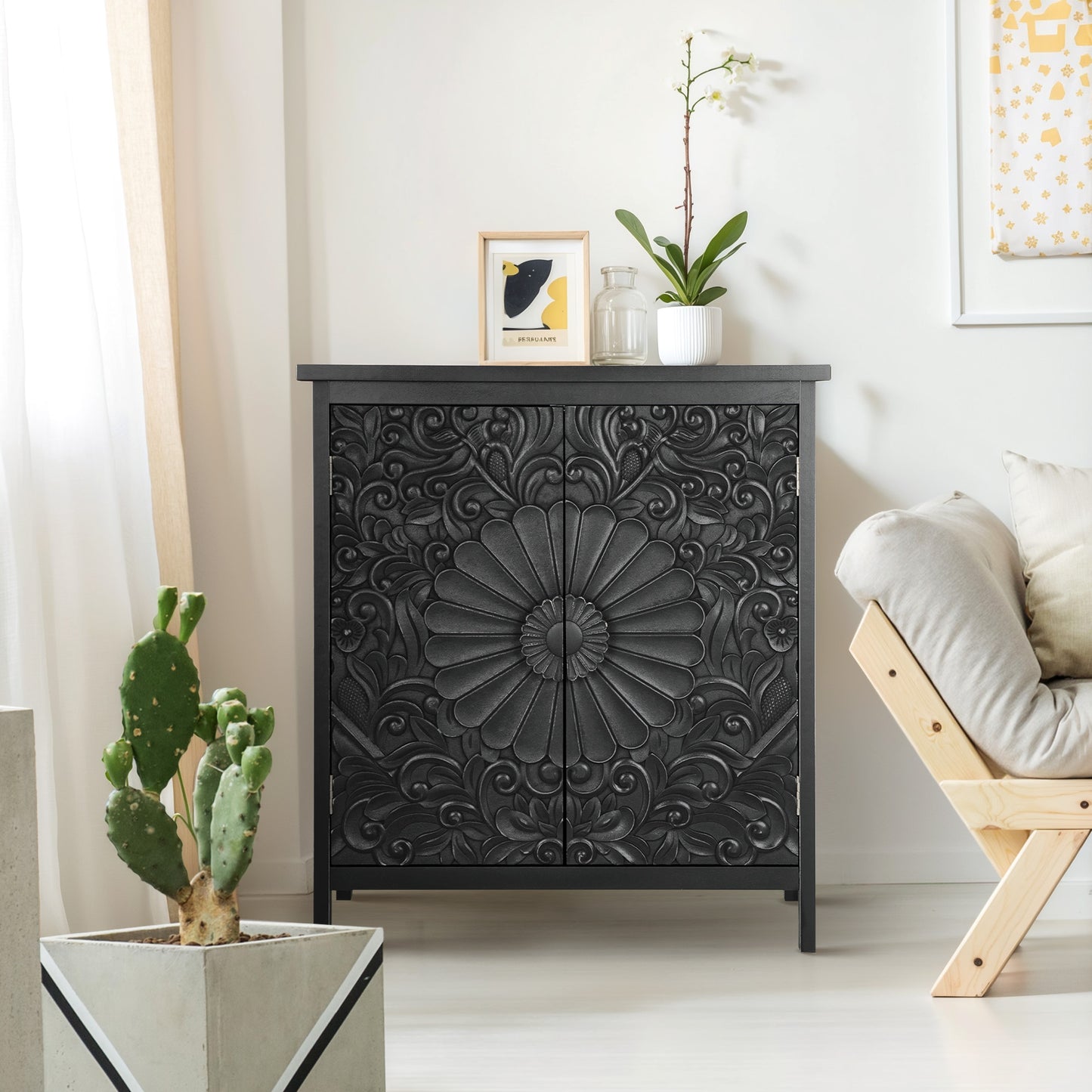 Captiva Designs Accent Farmhouse Carved Floral Buffet Cabinet with Doors for Living Room