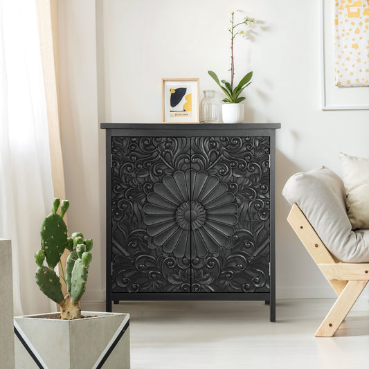 Captiva Designs Accent Farmhouse Carved Floral Buffet Cabinet with Doors for Living Room