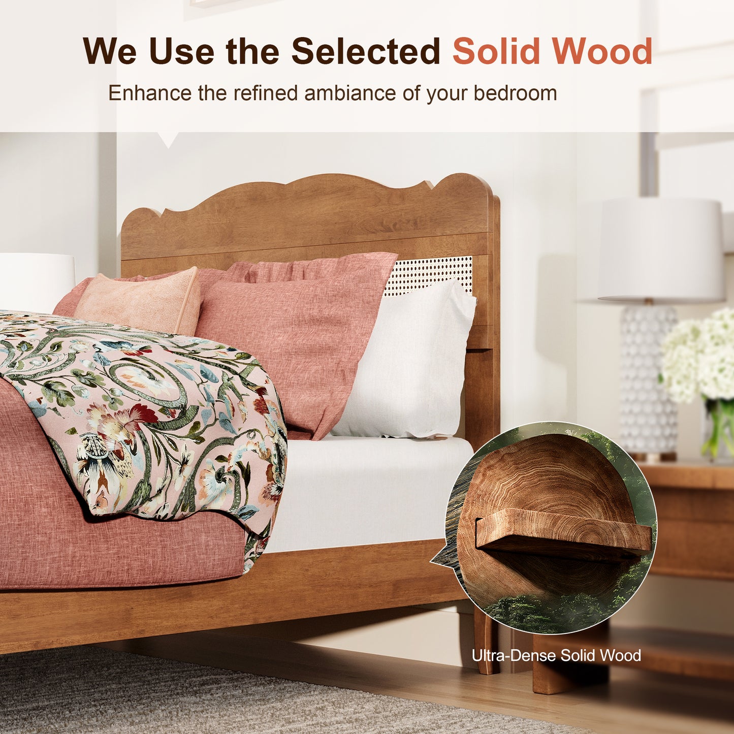 Captiva Designs Wood Platform Bed Frame with Height Adjustable Woven Rattan Headboard and Reinforced Slats Support, No Box Spring Needed