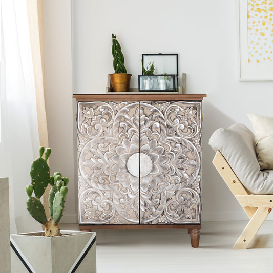 Captiva Designs Antique Silver Carved Floral Buffet Cabinet with Doors for Living Room, Entryway