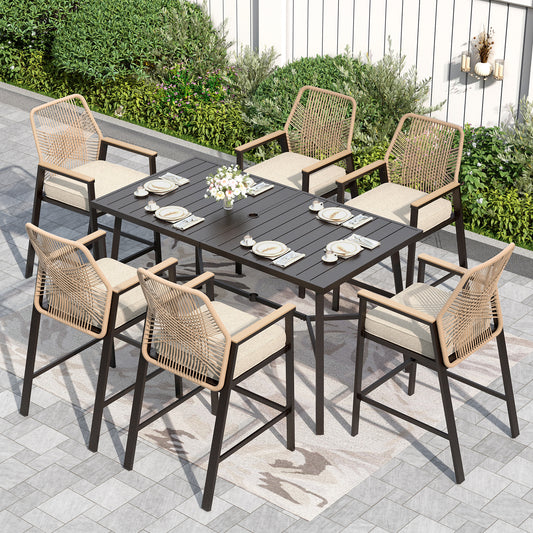 Captiva Designs Outdoor Patio Dining Bar Set with Steel Bar Table & Rattan Bar Stools with Cushions