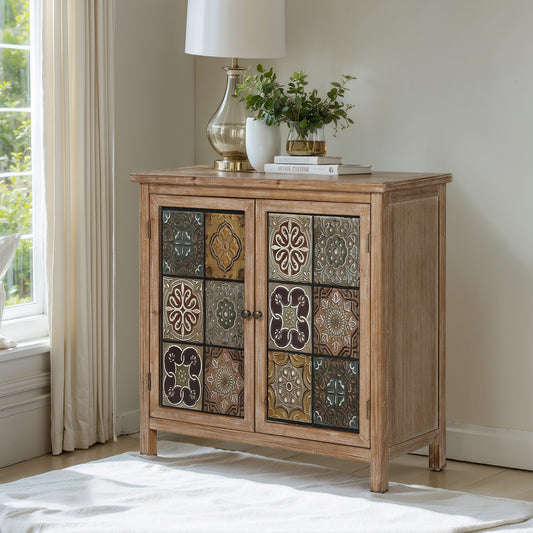 Captiva Designs Accent Distressed Checkered Patterns Storage Cabinet with 2 Doors for Entryway Living Room