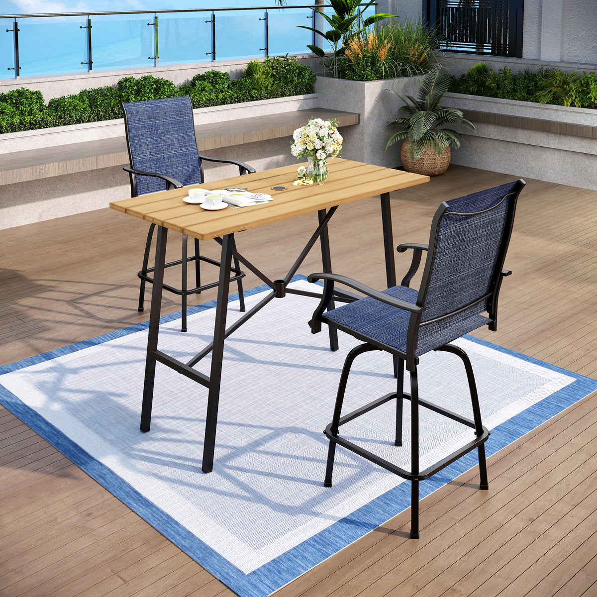 Captiva Designs 3pc Patio Slat-top Rectangle Wood-look Finished Metal Bar Table & Sling Swivel Bar Stools