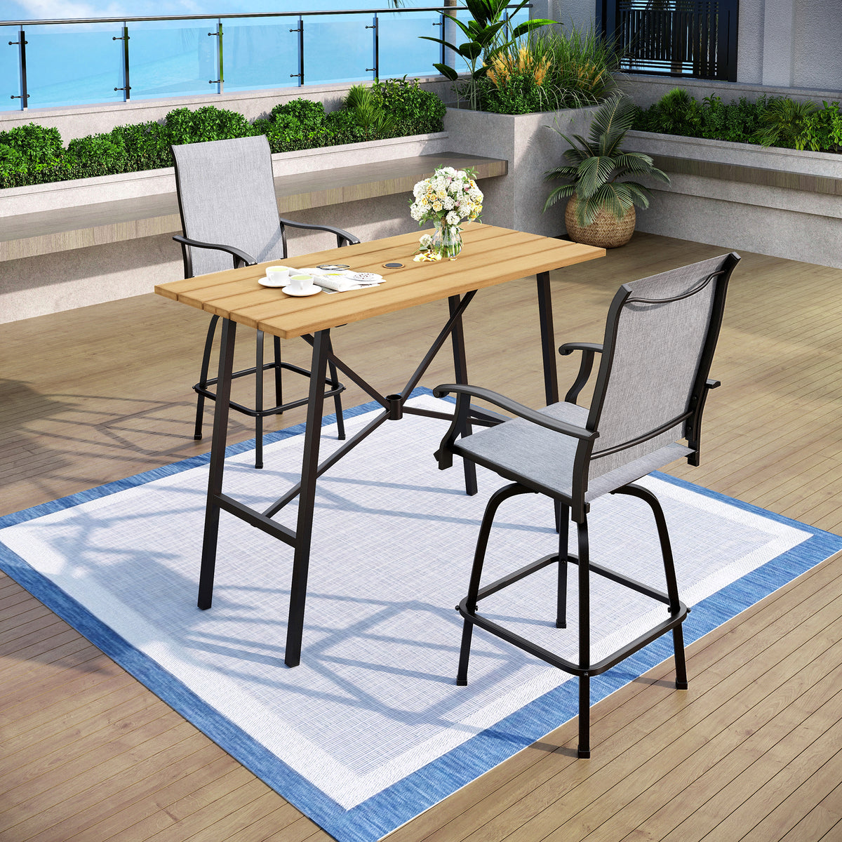 Captiva Designs 3pc Patio Slat-top Rectangle Wood-look Finished Metal Bar Table & Sling Swivel Bar Stools