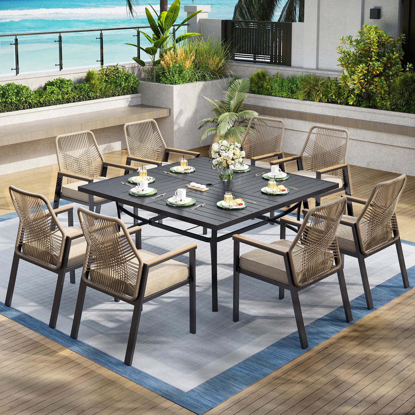 Captiva Designs 9pc Patio Dining Set with Spacious Slat-top Square Metal Table & Beige Rattan Chairs