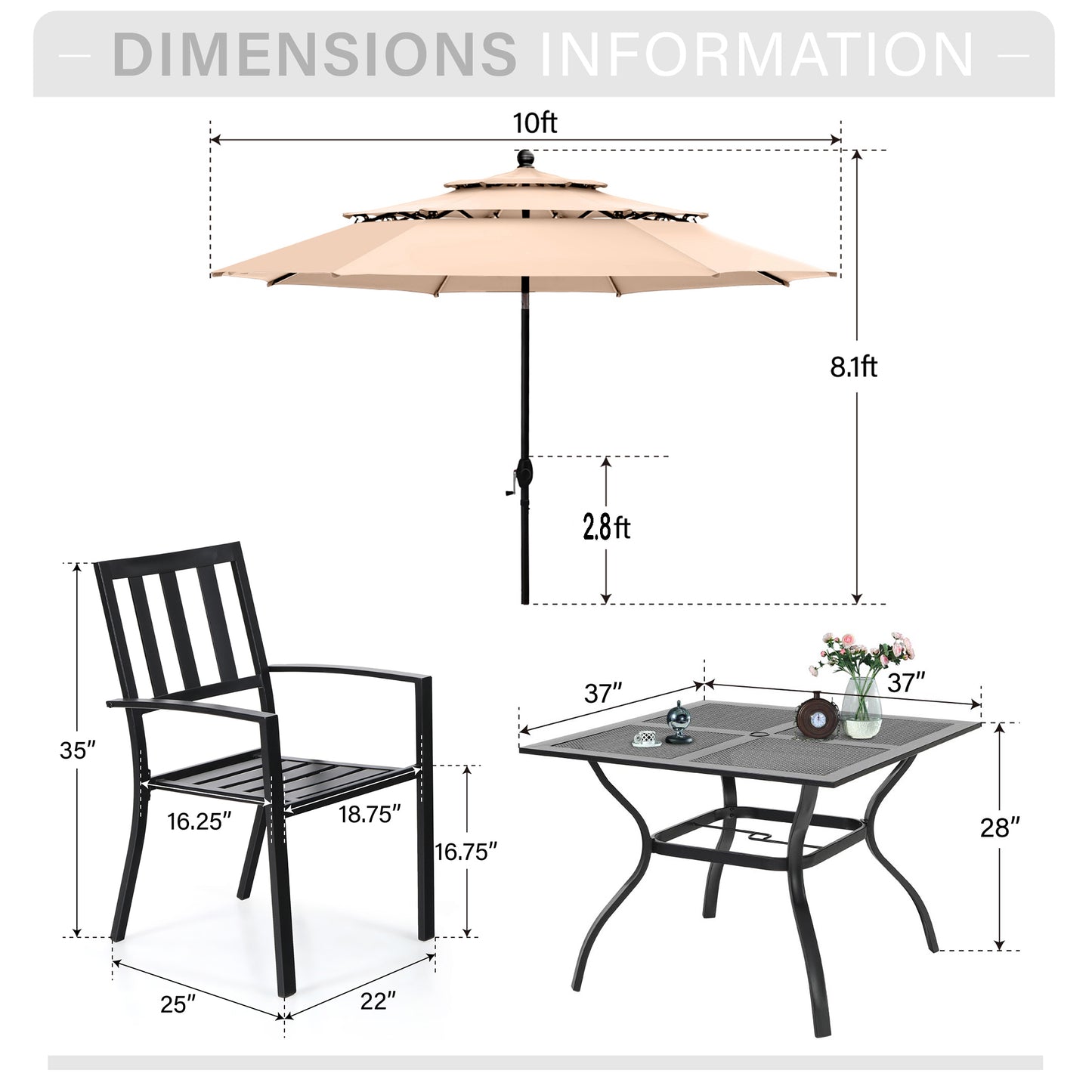 Captiva Designs 6pc Patio Mesh Top Square Steel Dining Table & Stackable Metal Chairs & Market Umbrella