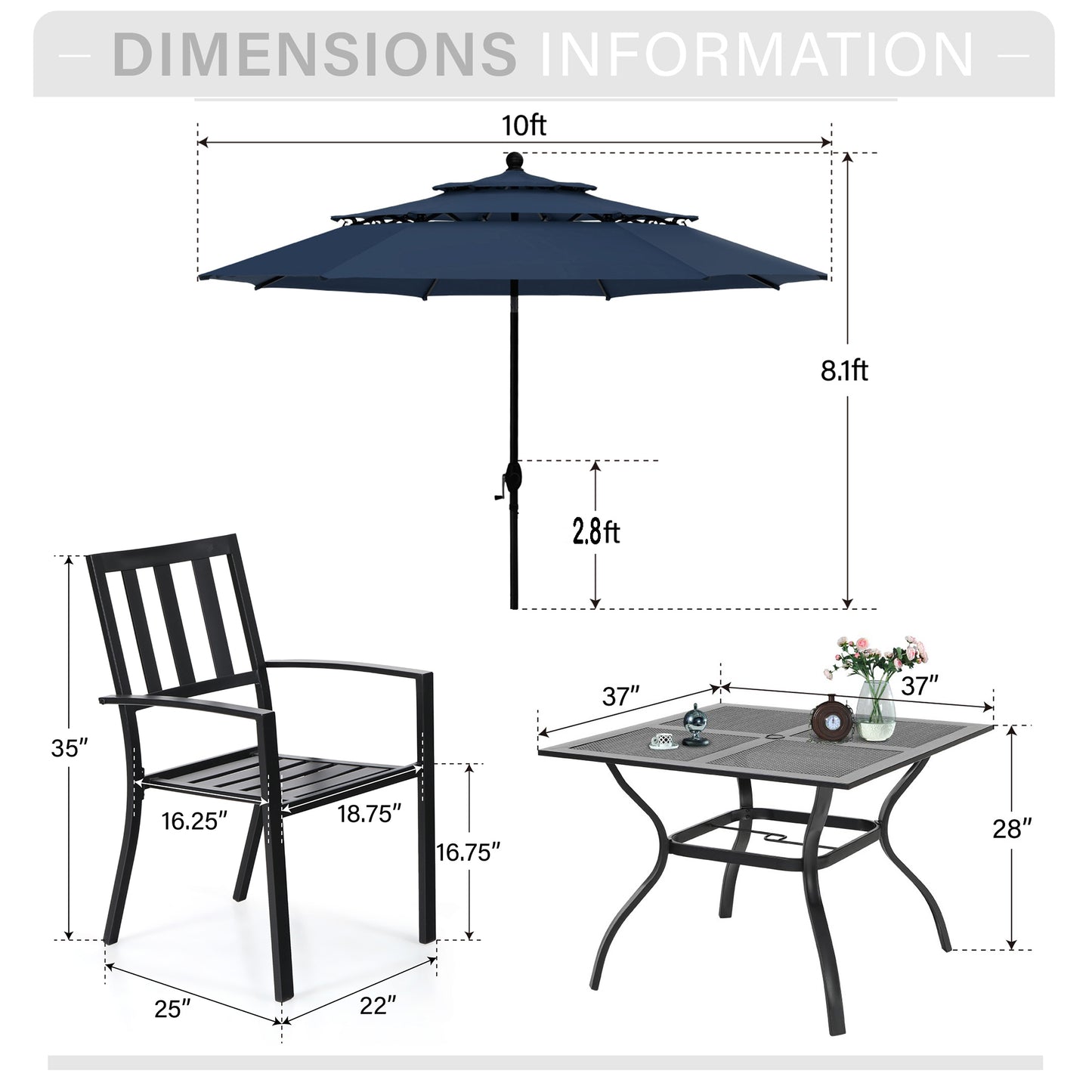 Captiva Designs 6pc Patio Mesh Top Square Steel Dining Table & Stackable Metal Chairs & Market Umbrella