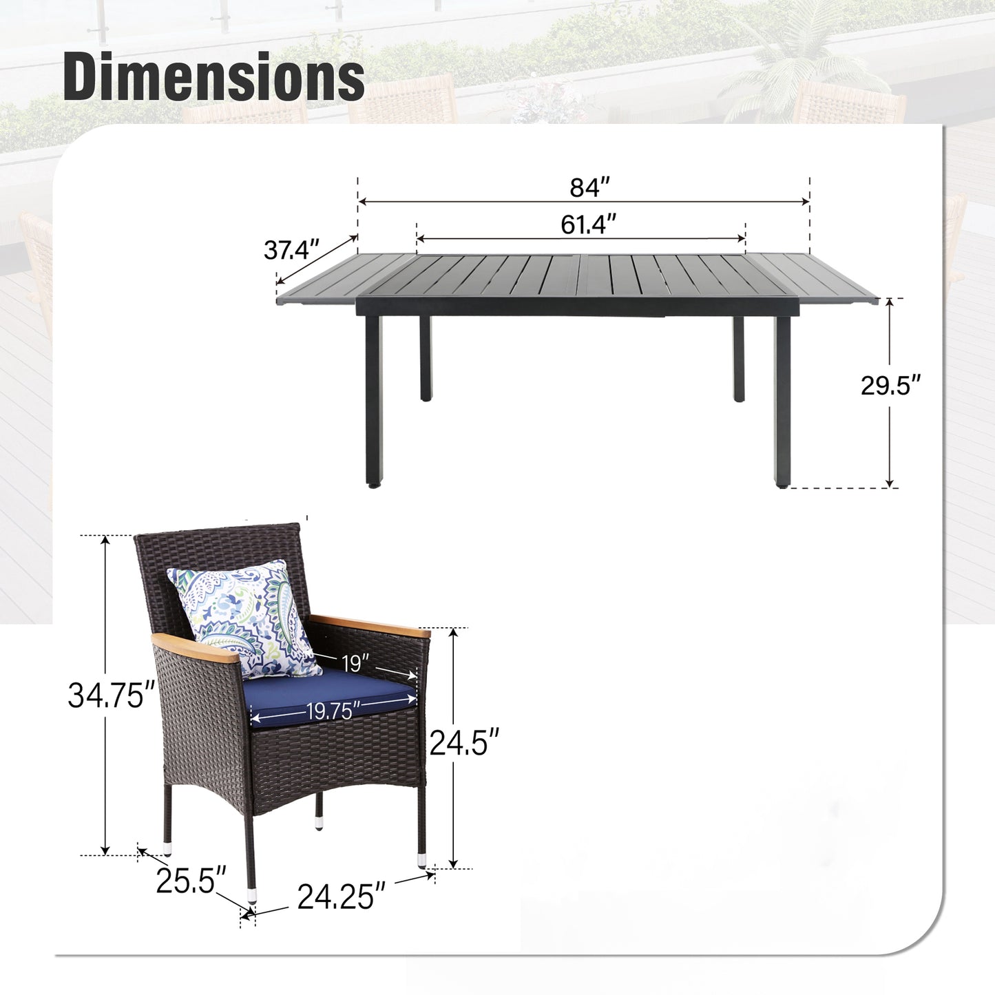 Captiva Designs 7pc Outdoor Patio Slat-top  Dining Steel Table & Rattan Chairs with Removable Cushions