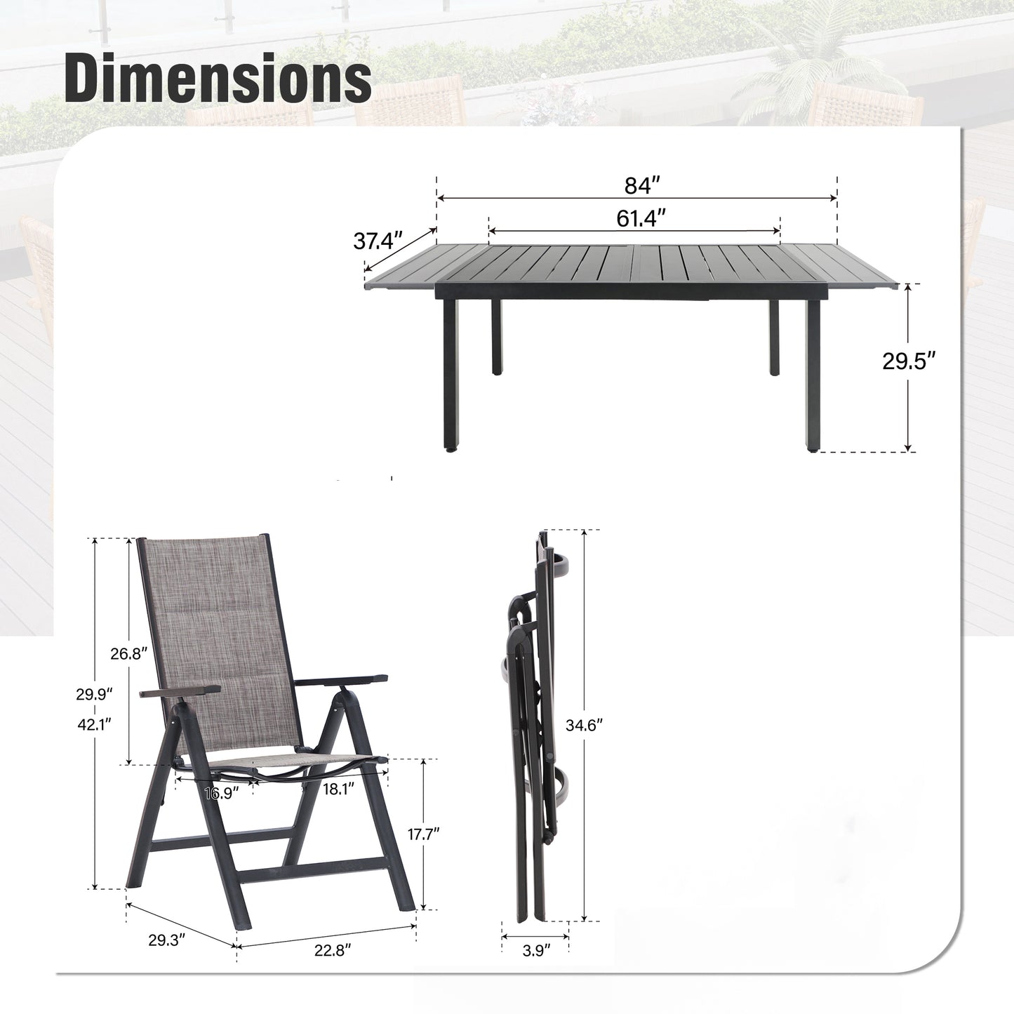 Captiva Designs 9pc Patio Dining Black Expandable Steel Rectangle Table & Foldable Padded Sling Chairs