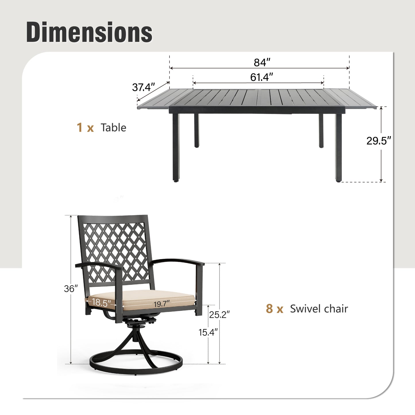 Captiva Designs 9pc Patio Slat-top Adjustable Steel Rectangle Dining Table & Black Metal Chairs