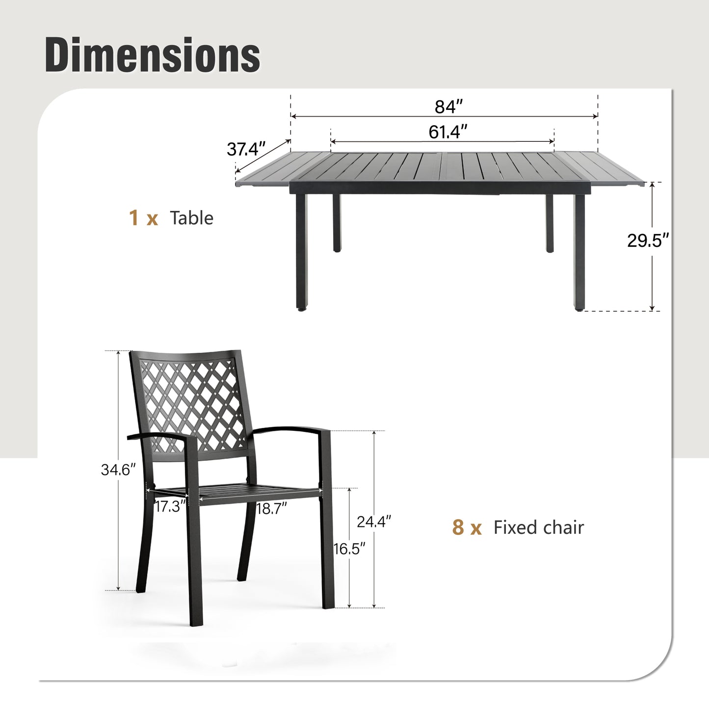Captiva Designs 9 件套露台板顶可调节钢制矩形桌和金属可叠放椅子，带剥离式靠背