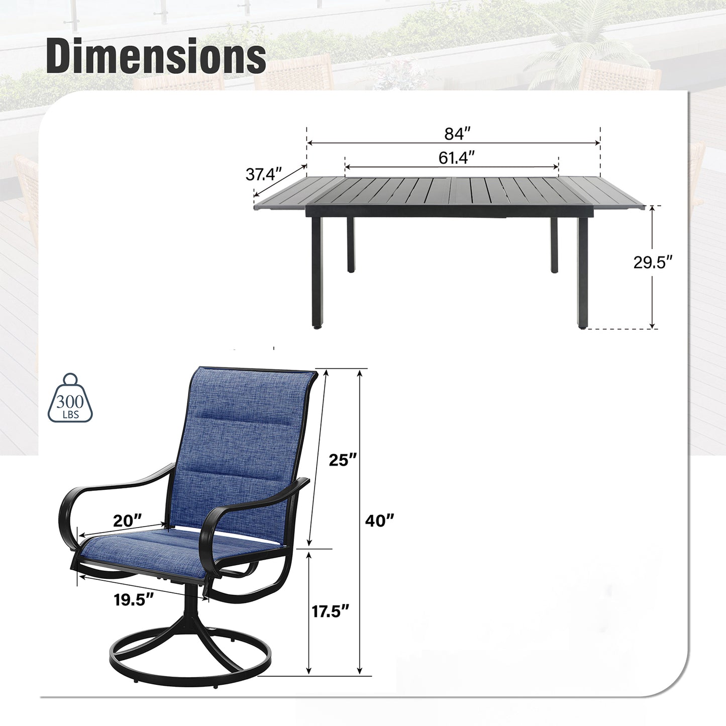 Captiva Designs 9 件套露台餐桌椅套装，配有可调节钢制长方形餐桌和蓝色软垫 Textilene 旋转椅