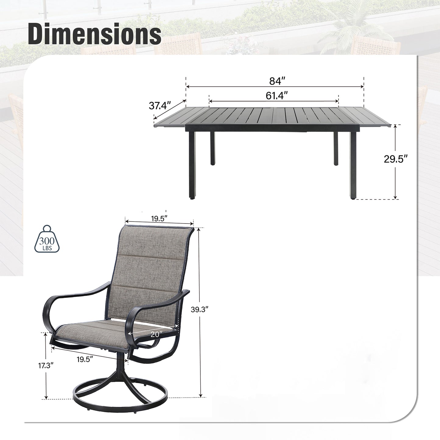 Captiva Designs 9 件套露台餐桌椅套装，配有可调节钢制长方形餐桌和蓝色软垫 Textilene 旋转椅