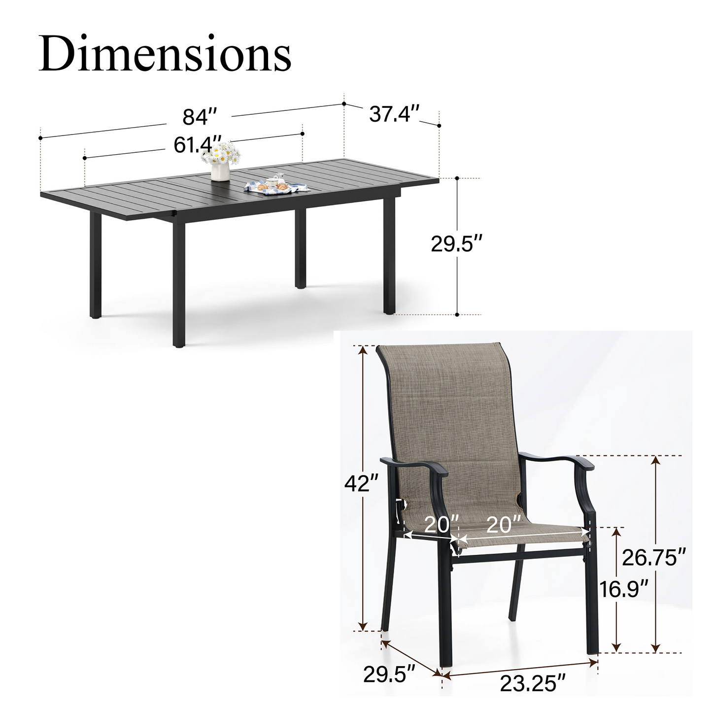 Captiva Designs 7pc Patio Dining Rectangular Black Steel Table & High Back Padded Grayish Brown Sling Armrest Chairs