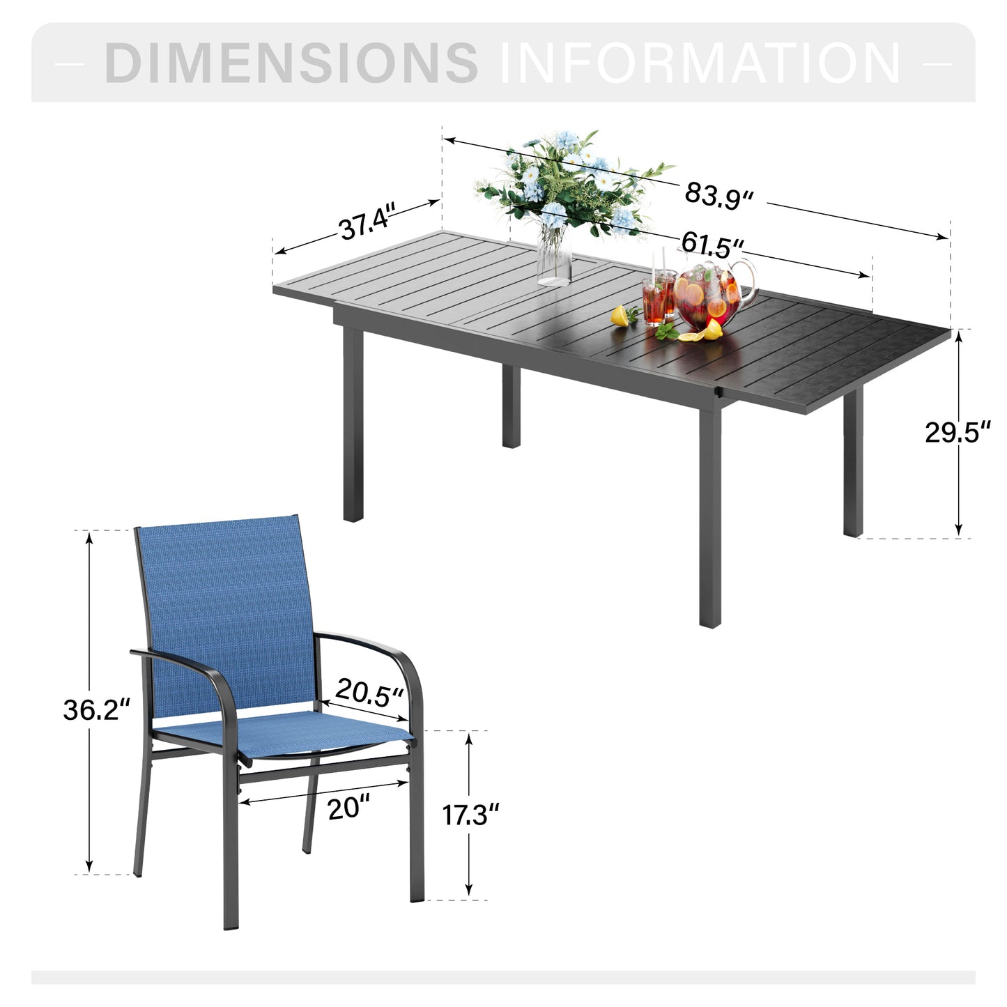 Captiva Designs 7pc Patio Set with Expandable Black Rectangle Steel Dining Table & Sling Fixed Dining Chairs