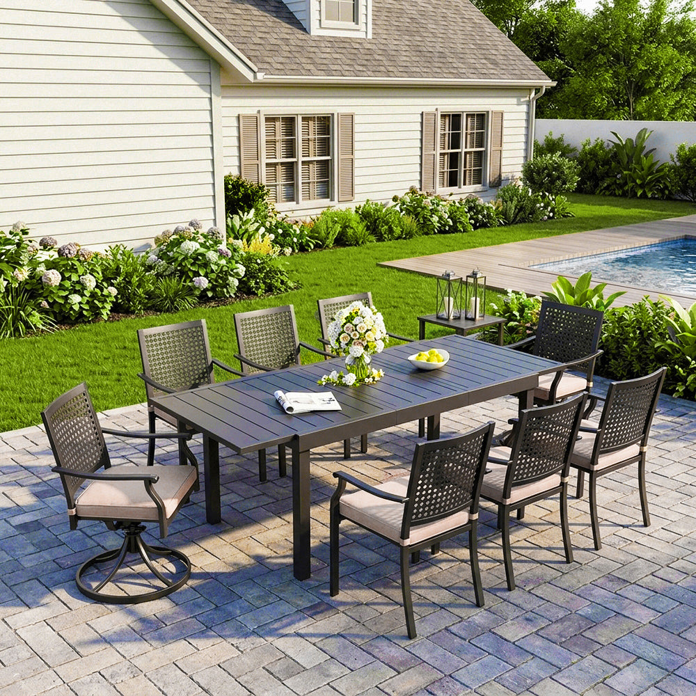 Captiva Designs 9pc Patio Adjustable Steel Rectangle Dining Table & Metal Chairs with Bull's Eye Pattern