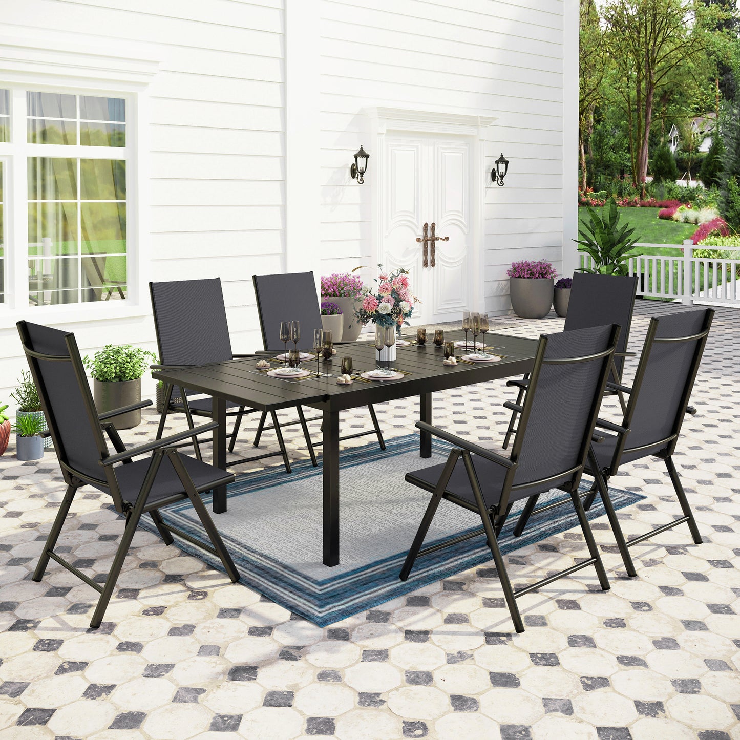 Captiva Designs 7pc Patio Dining Rectangular Steel Table & Pre-assembled Textilene Reclining Foldable Chairs