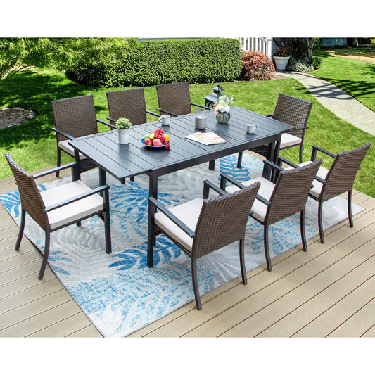 Captiva Designs 9pc Patio Rectangle Expandable Metal Dining Table & Rattan Chairs with Removable Cushions