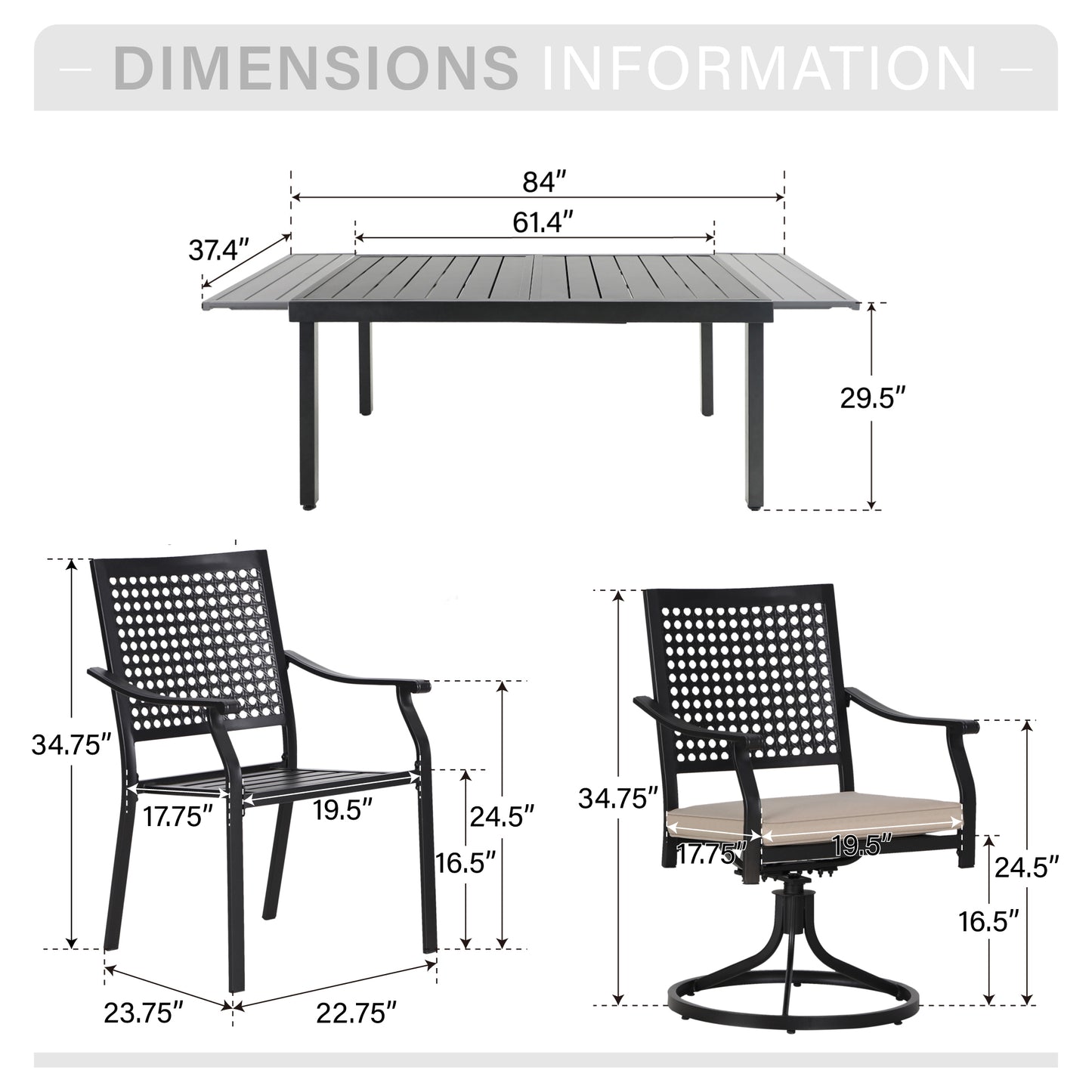 Captiva Designs 7pc Patio Dining Slat-top Expandable Rectangle Steel Table & Stylish Back Metal Chairs