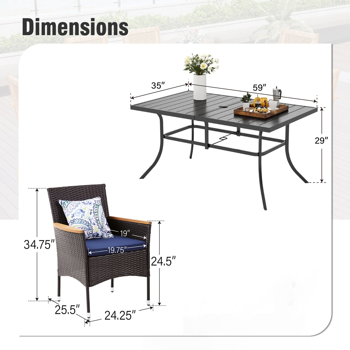Captiva Designs 7pc Outdoor Patio Slat-top  Dining Steel Table & Rattan Chairs with Removable Cushions