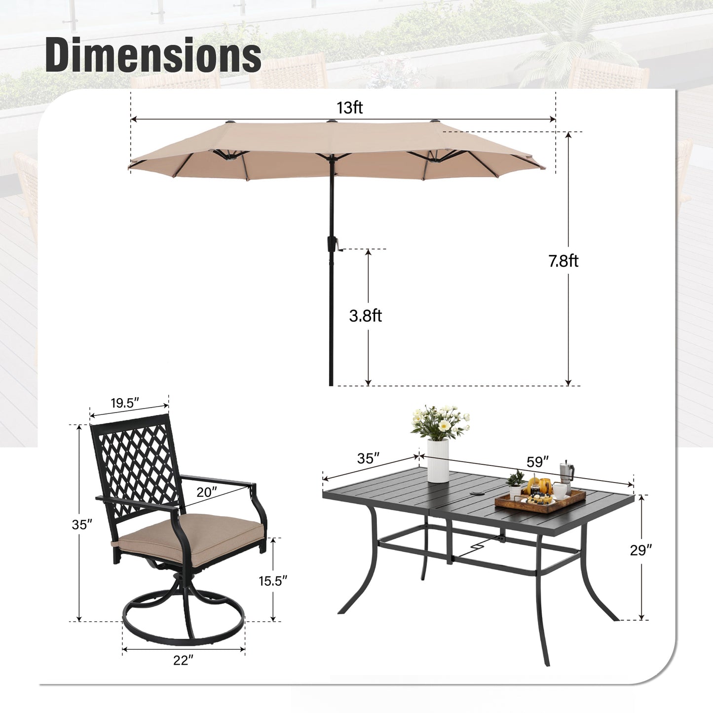 Captiva Designs 8pc Patio Dining Set with Rectangular Steel Table & Black Steel Chairs & Beige Umbrella