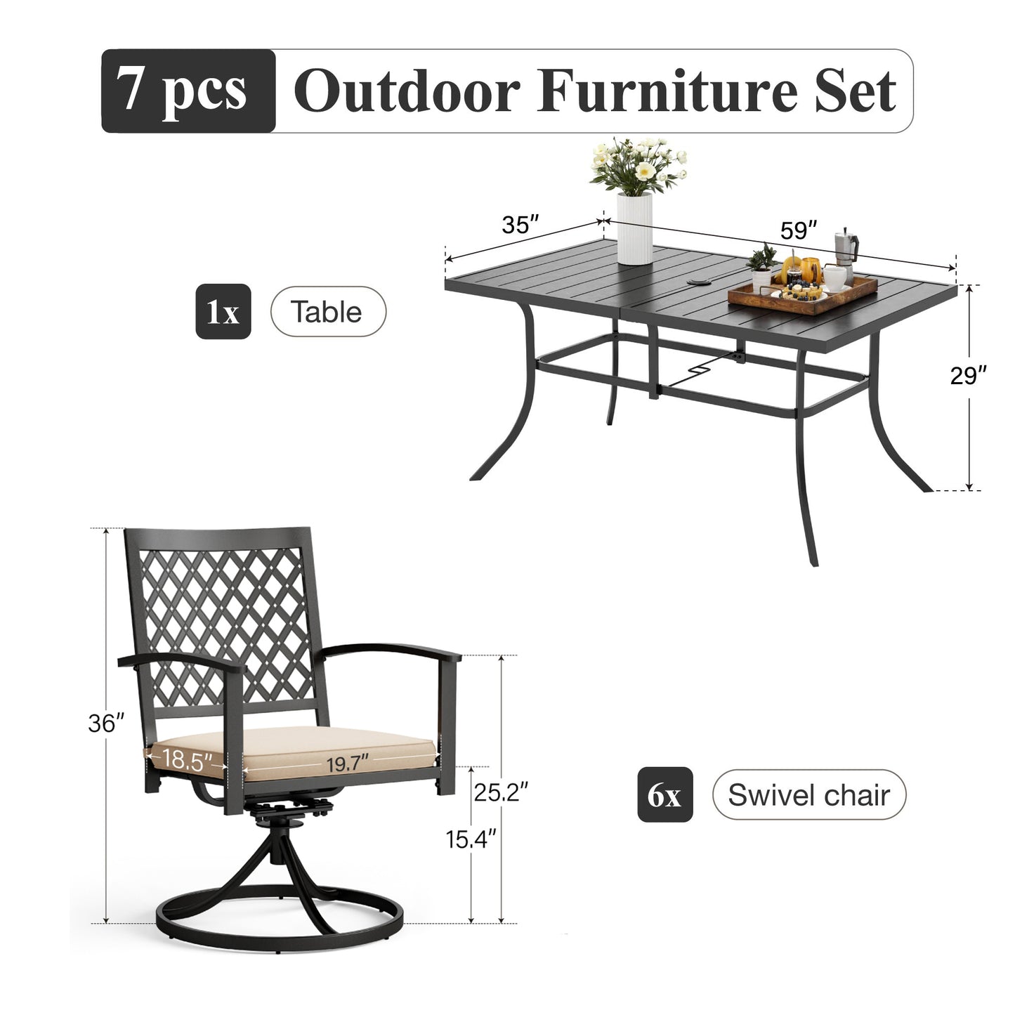 Captiva Designs 7 件套露台餐厅板顶矩形桌子和旋转椅，带靶心图案